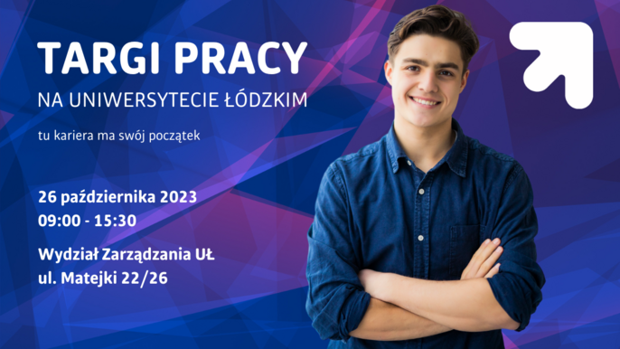 Targi Pracy na Uniwersytecie Łódzkim - na niebieskim tle pozuje brunet. - Targi Pracy na Uniwersytecie Łódzkim - na niebieskim tle pozuje brunet.