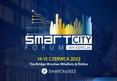 Smart City Forum XIV edycja. 14-15 czerwca #smartcity2022 - grafika reklamowa. Żółte i niebieskie napisy na granatowym tle.