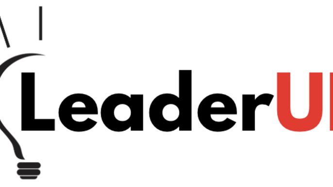 - Na plakacie widzimy napis w kolorach czarnym i czerwonym na białym tle. Znak graficzny przed napisem: połowa żarówki, napis: LeaderUP
