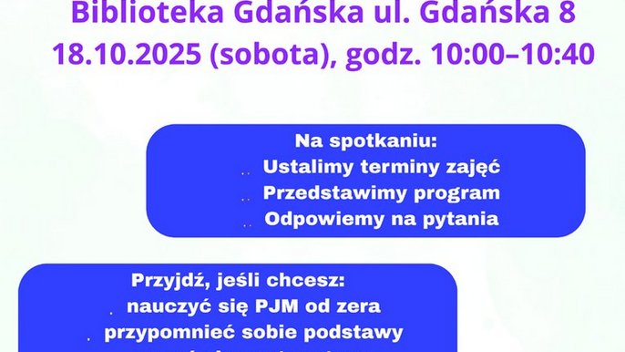 - Plakat zapraszający na IV etap konkursu Polski Język Migowy od Podstaw. Kolorystyka plakatu to głównie fiolet, granat i róż, z elementami graficznymi o abstrakcyjnych kształtach. Spotkanie informacyjne odbędzie się 18 października 2025 r. (sobota) godz. 10:00 - 10:40