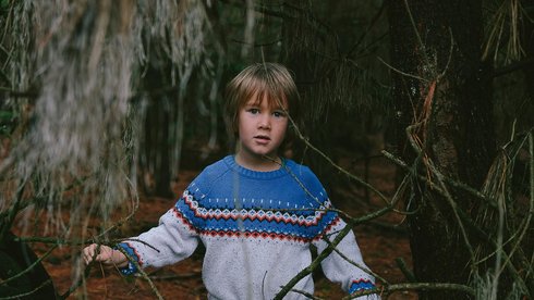 Chłopiec w szaro-niebieskim swetrze stoi pośrodku lasu.