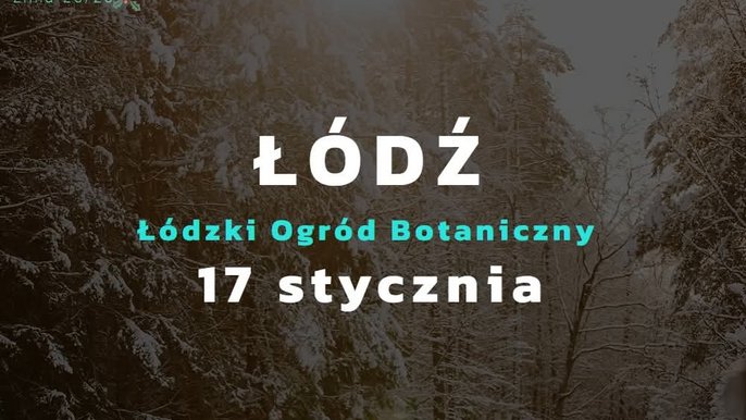  - Plakat z zimowym, ciemnym tłem lasu. Na środku duży biały napis „ŁÓDŹ”, pod nim „Łódzki Ogród Botaniczny” oraz data „17 stycznia”. W lewym górnym rogu logo i napis „Botaniczna Piątka”. Jasny tekst wyraźnie kontrastuje z tłem.
