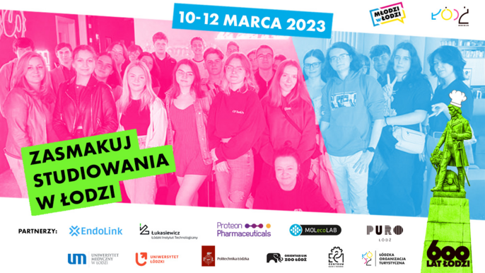 Zasmakuj studiowania w Łodzi 10-12 marca - grafika reklamowa, w tle studenci. Zasmakuj studiowania w Łodzi 10-12 marca - grafika reklamowa, w tle studenci. - Zasmakuj studiowania w Łodzi 10-12 marca - grafika reklamowa, w tle studenci.