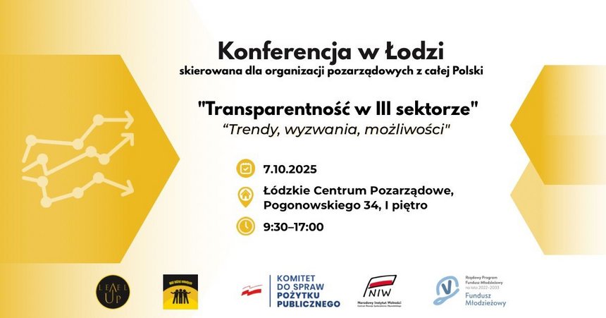 Obrazek przedstawia zaproszenie na wydarzenie dla organizacji pozarządowych, jakim będzie konferencja poświęcona transparentności jako narzędziu budowania zaufania. Zdjęcie w jasnych kolorach. Napis w centrum zdjęcia: Termin: 7 października 2025 r., godz. 9:30 - 17:00. Łódzkie Centrum Pozarządowe ul. Pogonowskiego 34