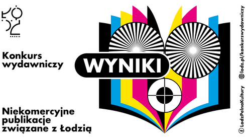 Grafika informująca o wynkoach konkursu wydawniczego. Na białym tle logo Łódź kreuje, napis "Konkurs Wydawniczy, Niekomercyjne publikacje związane z Łodzią" oraz element graficzny: otwarta książka ze stronami w różnych kolorach, ozdobiona trzema kręgami. Na elemencie graficznym duży napis "Wyniki".