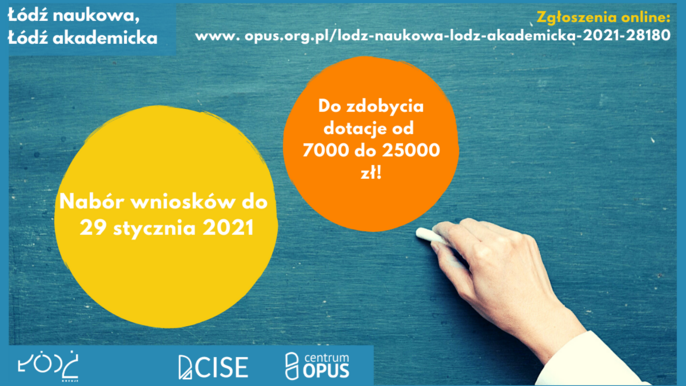 - Grafika informacyjna. W tle ręka z kredą piszą na tablicy. Na pierwszym planie dwa okręgi wypełnione tekstem. W większym żółtym informacja: Nabór wniosków do 29 stycznia 2021. W mniejszym pomarańczowym okręgu tekst: Do zdobycia dotacje od 7 do 25 tysięcy złotych