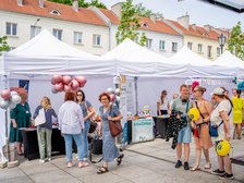 Stary Rynek, uczestnicy pikniku spacerują przed namiotami wystawców