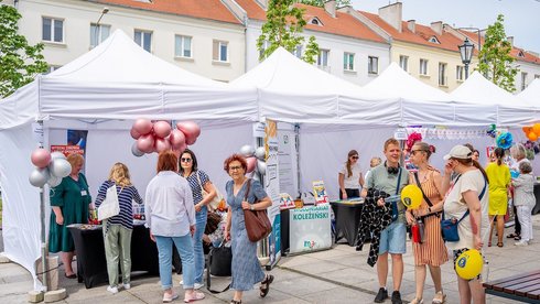 Stary Rynek, uczestnicy pikniku spacerują przed namiotami wystawców