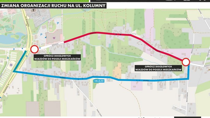 Ulica Kolumny między posesją 36 A za Carrefourem do posesji 121 w okolicy ul. Bieszczadzkiej będzie zamknięta dla ruchu, z wyłączeniem docelowych wjazdów dla mieszkańców. Objazd dla dojazdów innych, niż docelowe, poprowadzony jest w ulicy Jó Ulica Kolumny między posesją 36 A za Carrefourem do posesji 121 w okolicy ul. Bieszczadzkiej będzie zamknięta dla ruchu, z wyłączeniem docelowych wjazdów dla mieszkańców. Objazd dla dojazdów innych, niż docelowe, poprowadzony jest w ulicy Jó