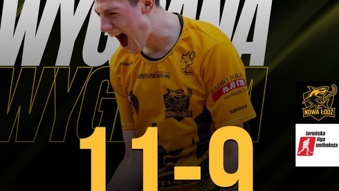 Plakat pomeczowy z wynikiem i sylwetką jednego z zawodników AZS PŁ Cochise Łódź