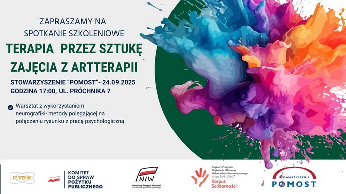- Po prawej stronie dynamiczna, kolorowa eksplozja farb i kształtów. Po lewej stronie na jasnym tle znajdują się wszystkie informacje tekstowe. Temat warsztatu: Zajęcia z wykorzystaniem neurografiki – metody polegającej na połączeniu rysunku z pracą psychologiczną. Data: 24.09.2025, Godzina: 17:00. Miejsce: Stowarzyszenie „Pomost”, ul. Próchnika 7. Organizatorzy i partnerzy (logotypy na dole grafiki): Stowarzyszenie Pomost, Centerko, Komitet do spraw Pożytku Publicznego, Narodowy Instytut Wolności (NIW), Korpus Solidarności – Rządowy Program Wspierania i Rozwoju Wolontariatu Systematycznego na lata 2018–2030