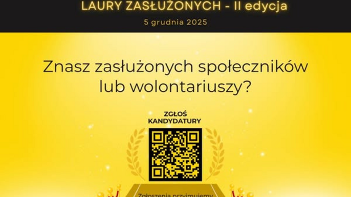 - Na obrazku widzimy plakat promujący wydarzenie związane z obchodami Dnia Wolontariusza 2025 r. Plakat zachęca do zgłaszania osób zaangażowanych społecznie. Na dole widoczne są logotypy organizatorów/partnerów: Łódzkie Centrum Pozarządowe, Urząd Miasta Łodzi, LevelUP, Laury Zasłużonych. Kolorystyka plakat żółto - złoty z czarnym paskiem w górnej części plakatu. W centralnej części kod QR.
